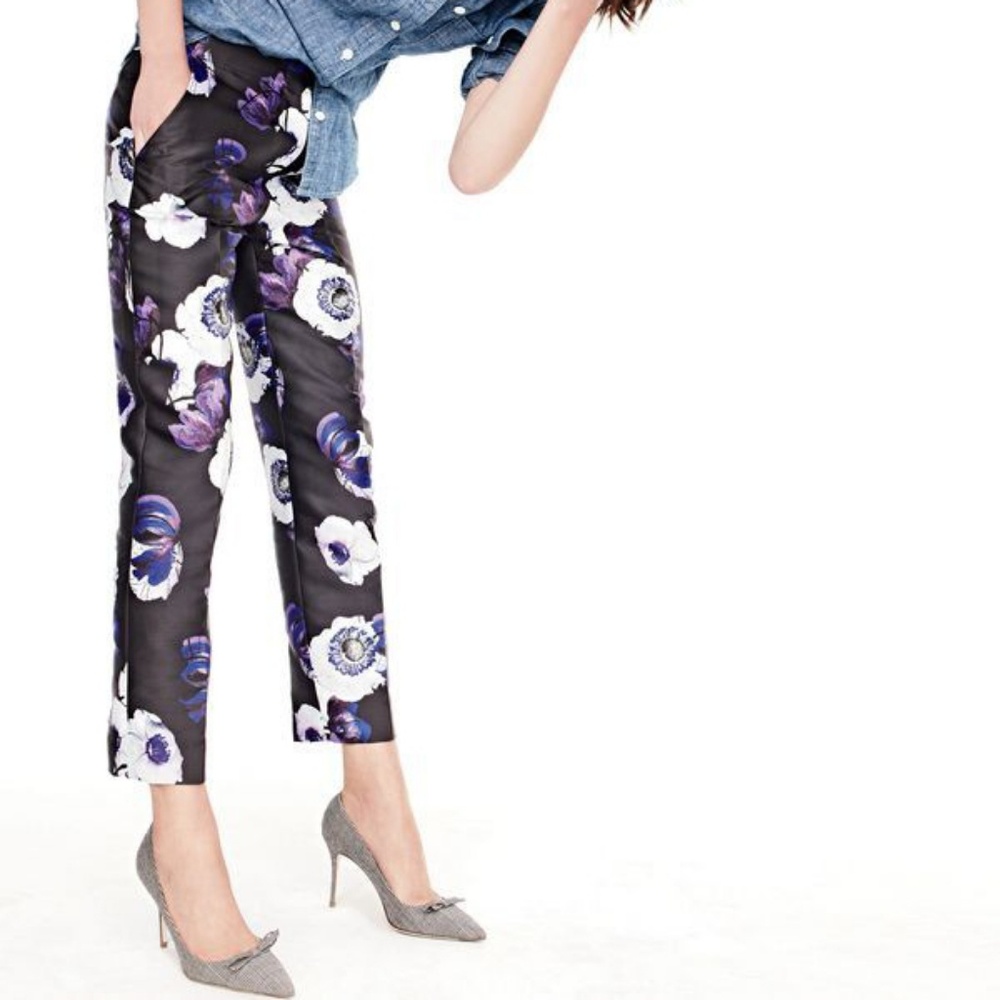 J Crew Patio Pant in Violet Poppy Purple Black Floral Ankle Pants Womens 2 Tall